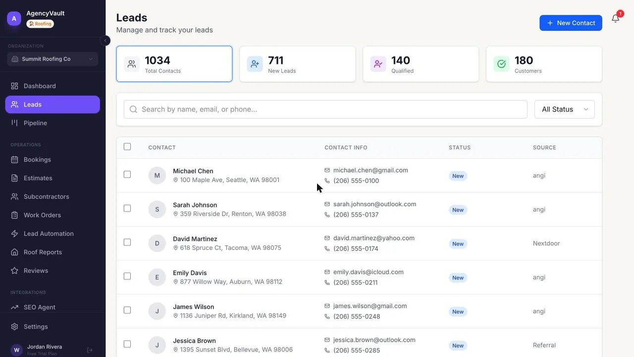 AgencyVault leads dashboard showing new leads captured from web forms with contact details