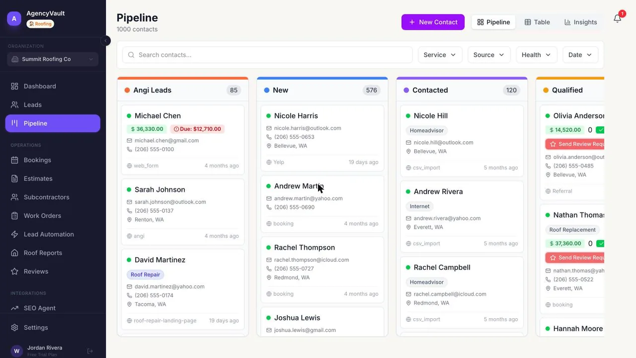 AgencyVault visual pipeline board with leads organized across drag-and-drop stages