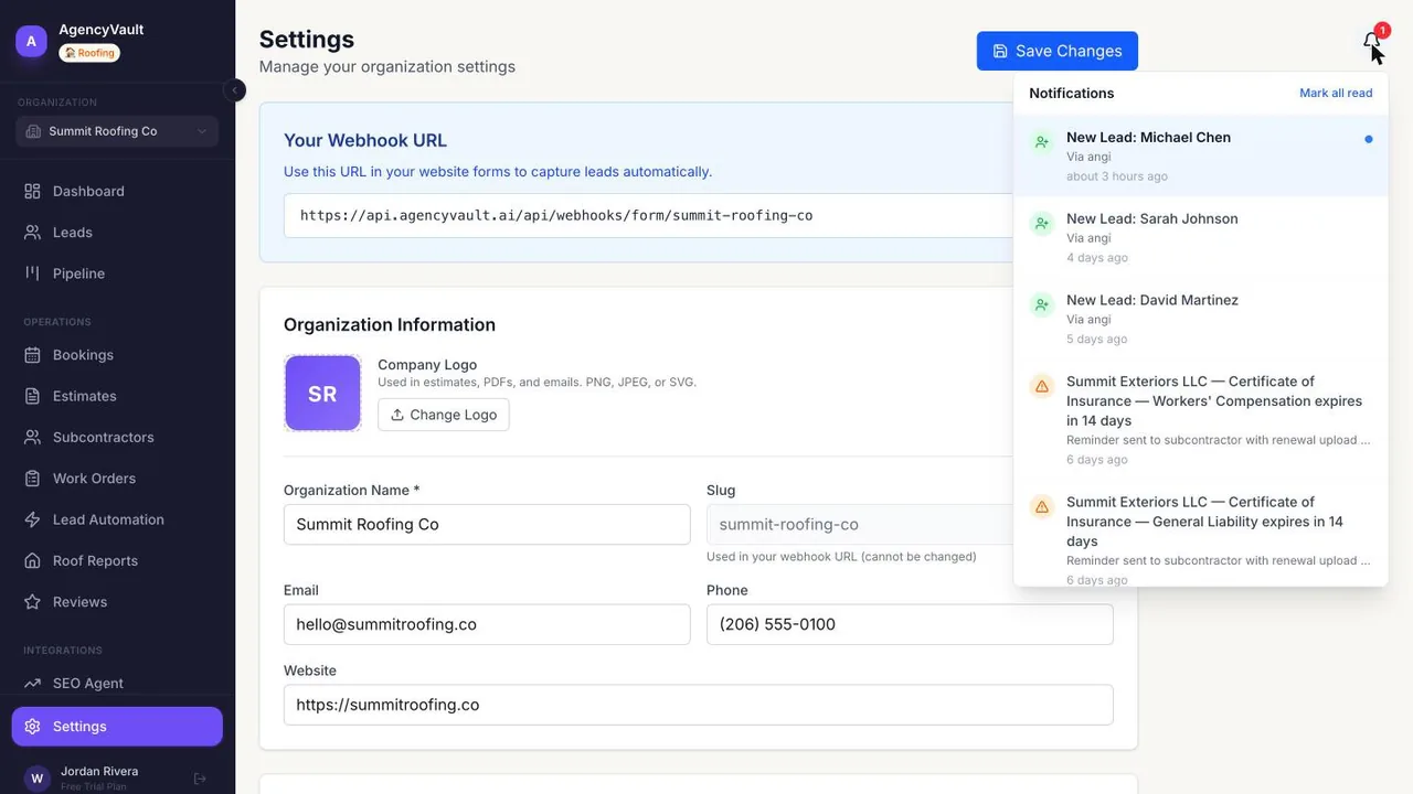AgencyVault notifications panel showing instant new-lead and reminder alerts