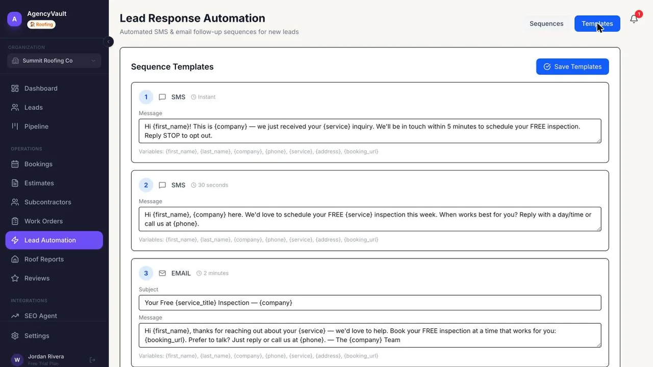AgencyVault automated response templates for instant SMS and email lead follow-ups
